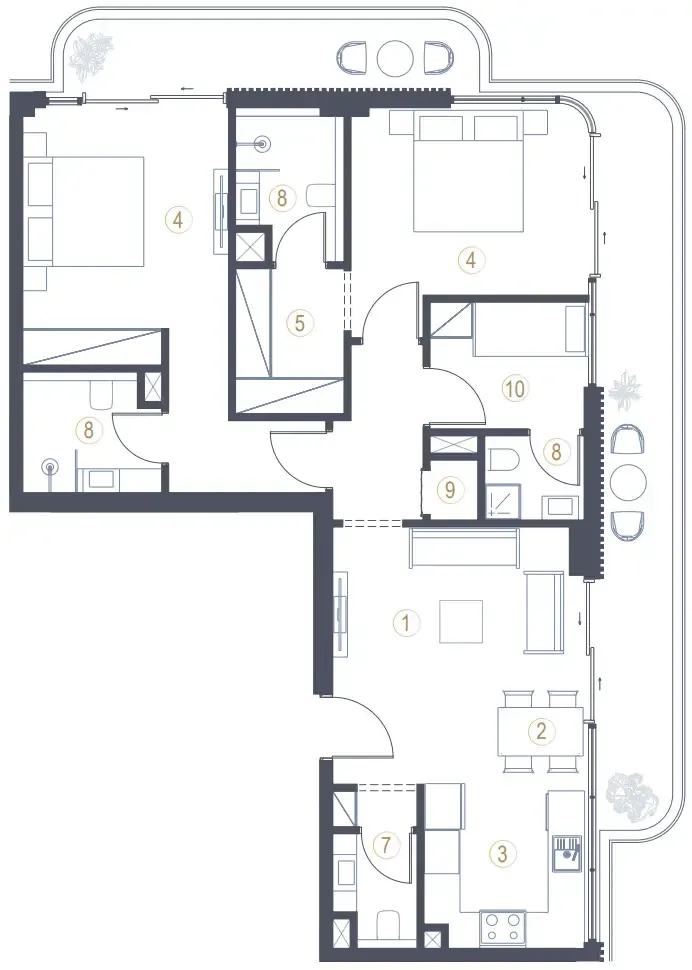 Liora 2 bed floor plan, 1,277 – 1,328 sqft
