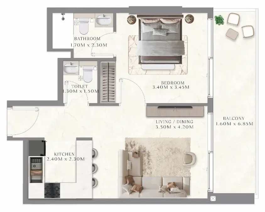 Aum 99 Residences 1 bed floor plan, 635 sqft