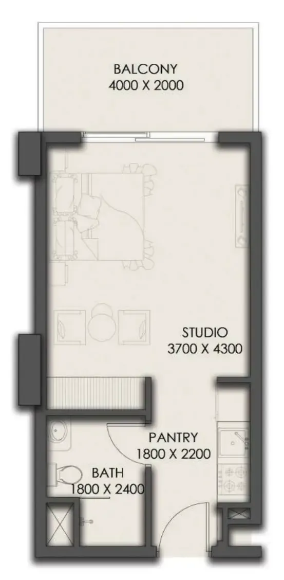 Park Residency Studio floor plan, 398 sqft