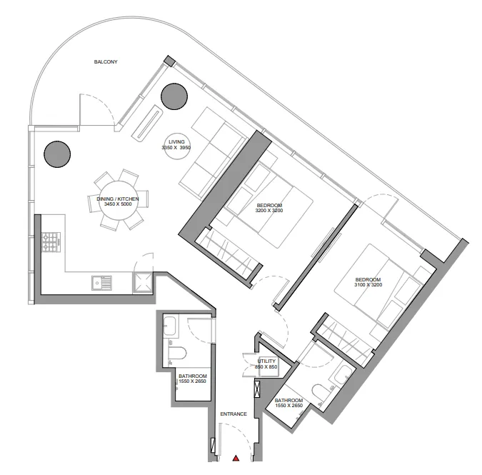Sobha Solis 2 bed floor plan, 1,595 sqft