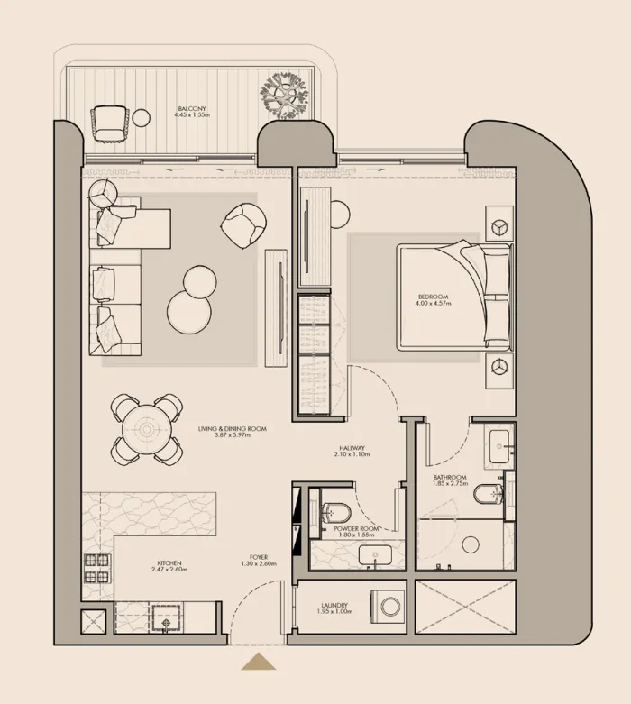 Nourelle 1 bed floor plan, 847 sqft