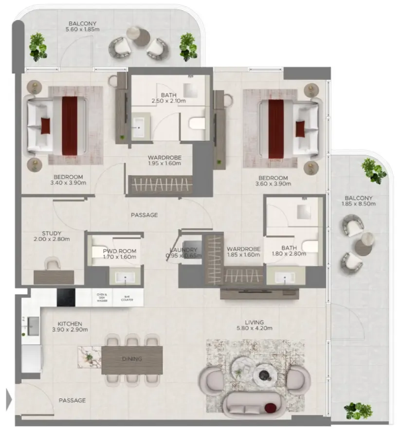 Ramada Residences by Wyndham at Dubai Islands 2 bed floor plan, 1,479 sqft