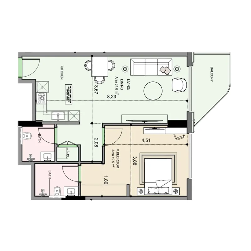 Edgewater Residences 1, 2 and 3 1 bed floor plan, 823 sqft