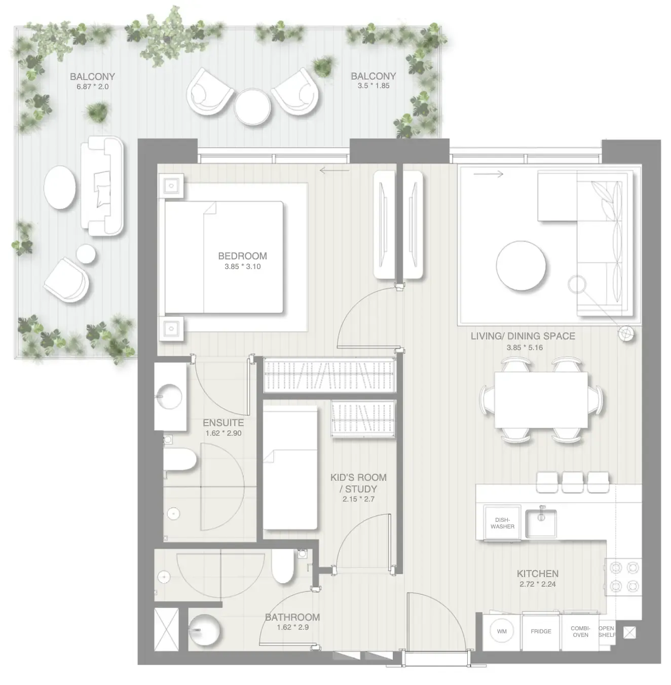 Sol Levante 1 bed floor plan, 925 sqft