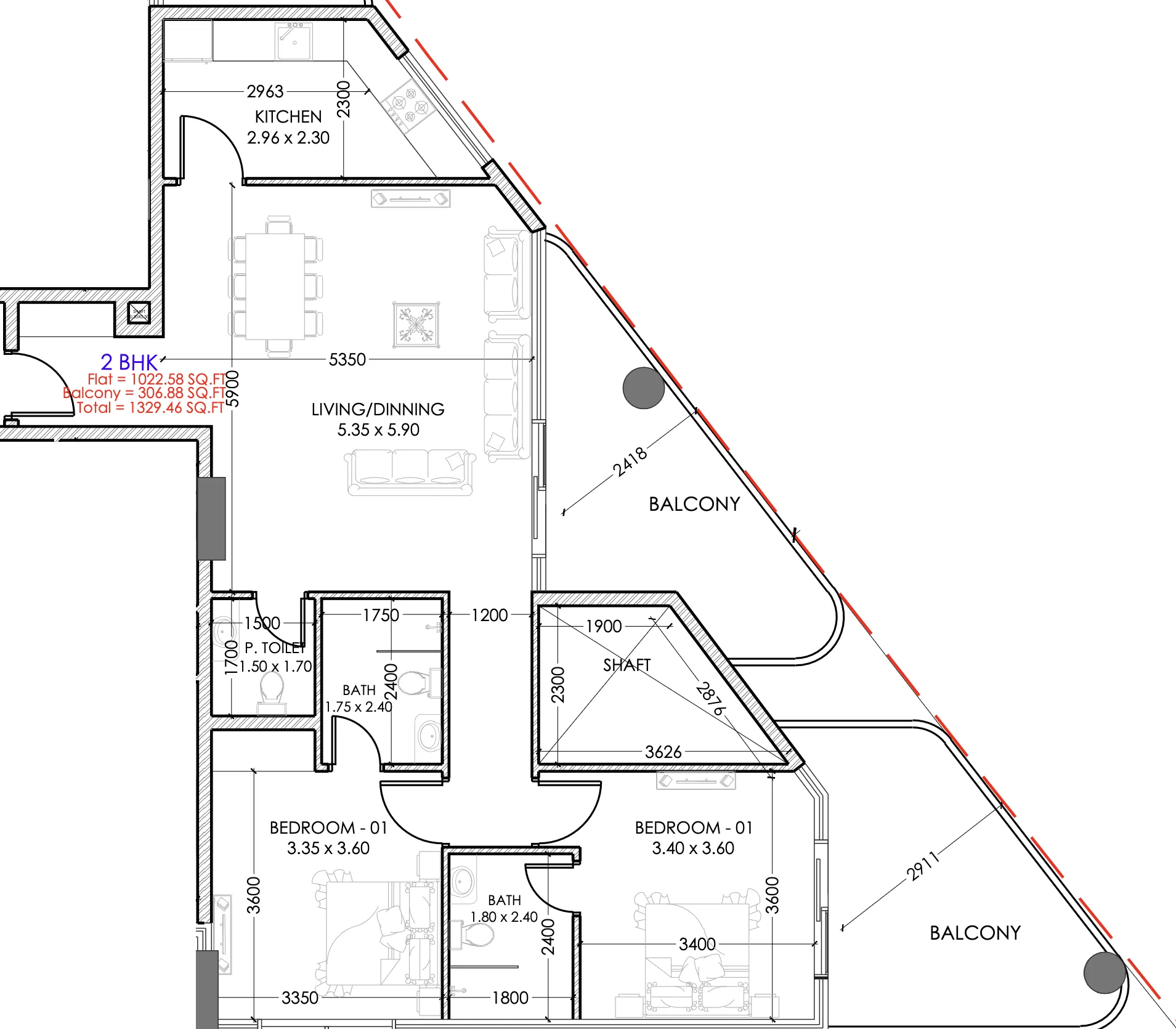 Terra Tower 2 bed floor plan, 1,290 sqft