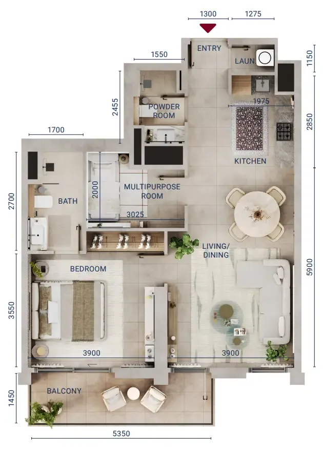 Mirdad 1 bed floor plan, 829 sqft