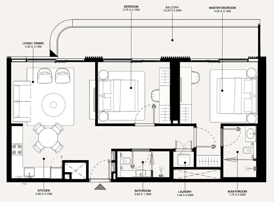 Azizi Abraham 2 bed floor plan, 1,019 sqft
