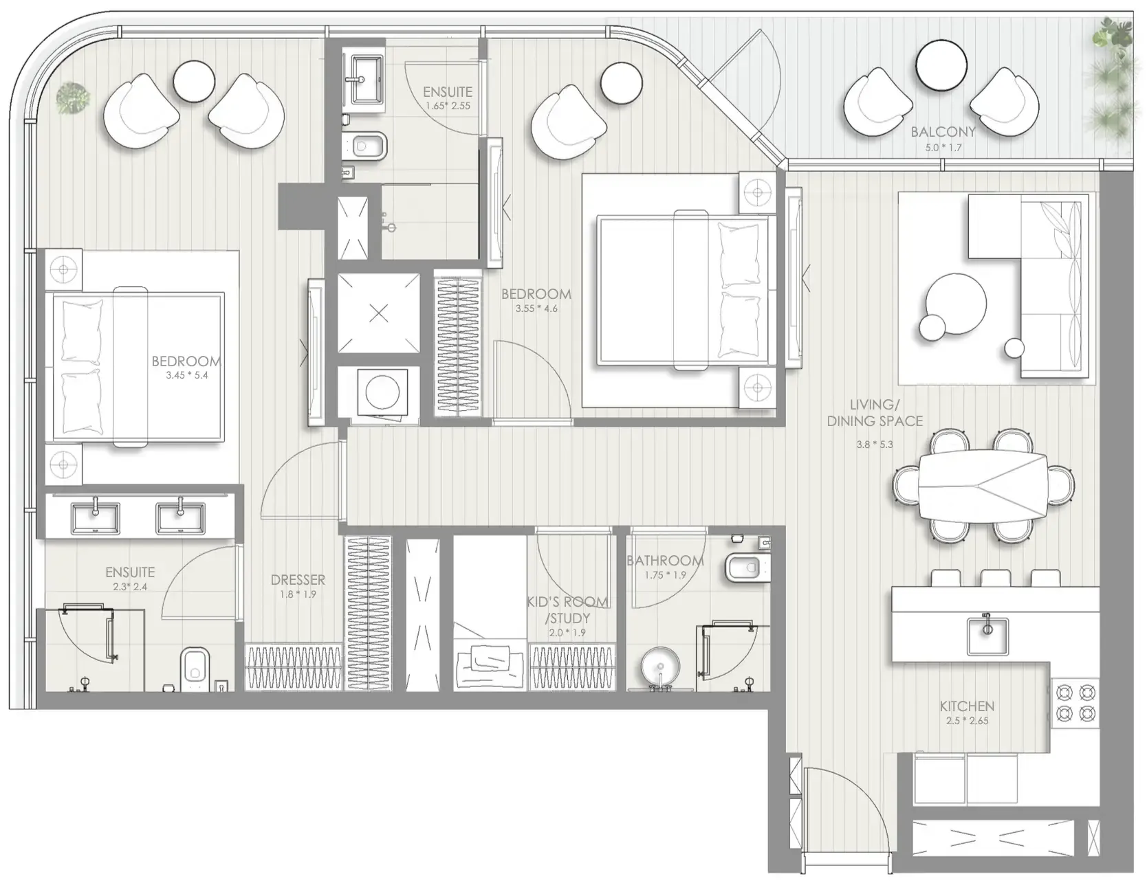 Sol Luxe 2 bed floor plan, 1,200 sqft