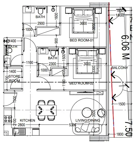 Al Haseen Residences 6 2 bed floor plan, 1,096 sqft