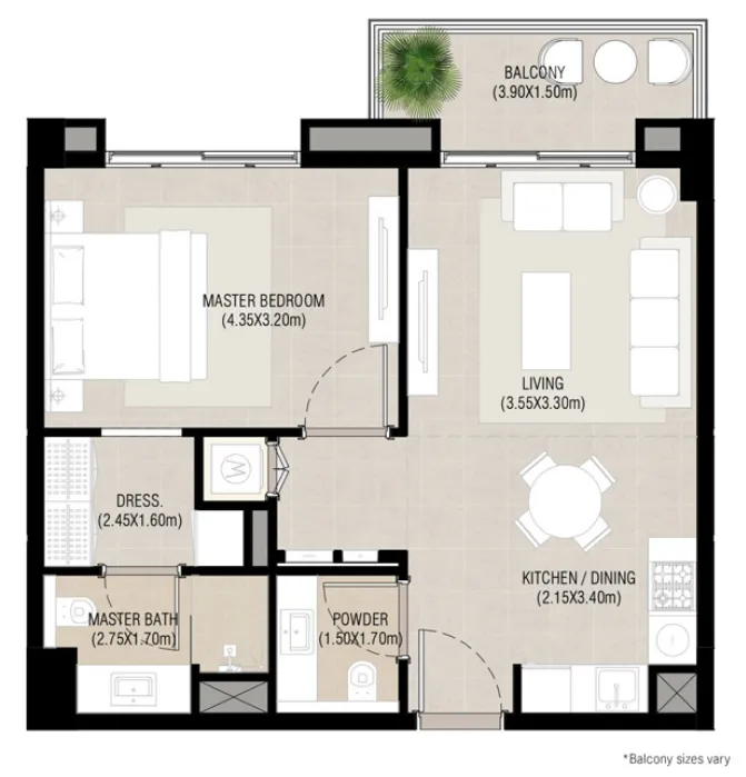 Camden 1 bed floor plan, 670 sqft