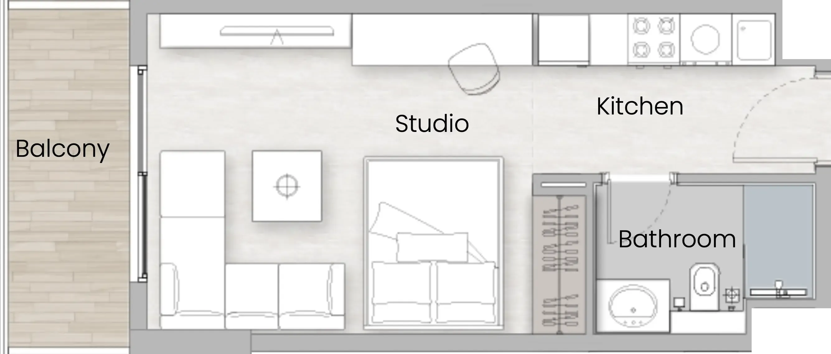 One Beverly Studio floor plan, 390 sqft