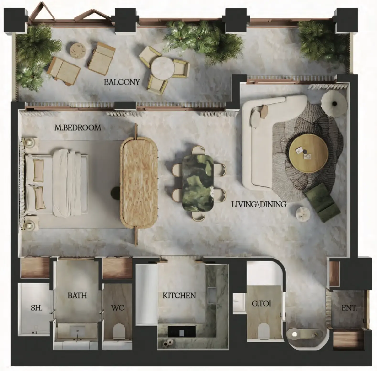 Elire Managed by LUX 1 bed floor plan, 734 – 978 sqft
