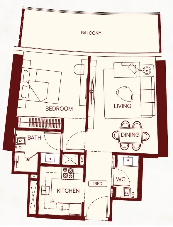 Binghatti Skyflame 1 bed floor plan, 721 sqft