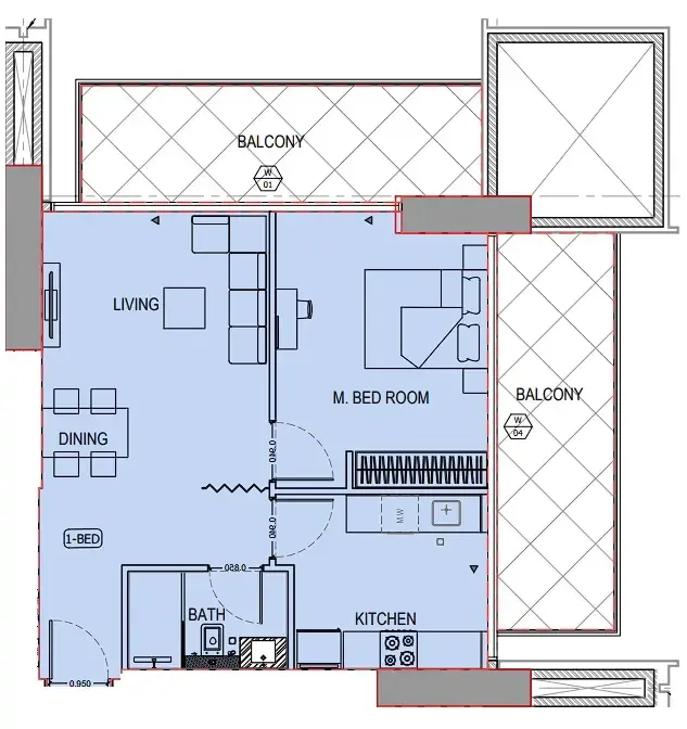 Binghatti Apex 1 bed floor plan, 906 sqft