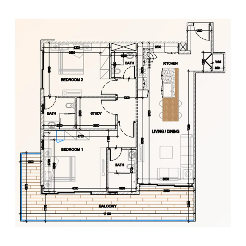 Bling Avenue 1 2 bed floor plan, 1,307 sqft