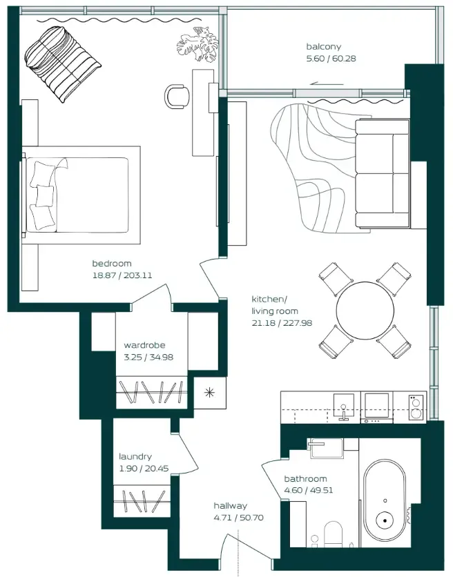Vibe 1 bed floor plan, 732 sqft
