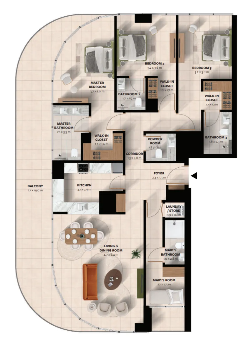 Waada Dubai South 3 bed floor plan, 2,161 sqft