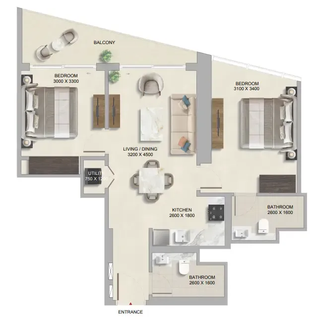 The Tranquil at Sobha Central 2 bed floor plan, 860 sqft