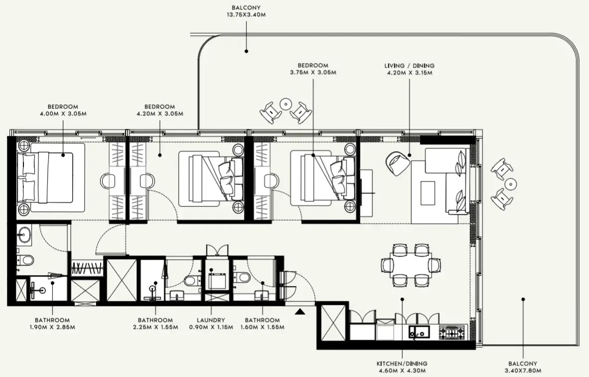 Azizi Raffi 3 bed floor plan, 1,906 sqft