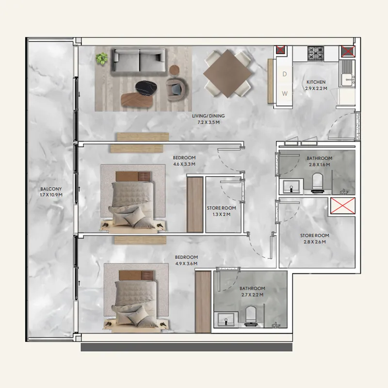 California Residences 2 bed floor plan, 1,361 – 1,367 sqft