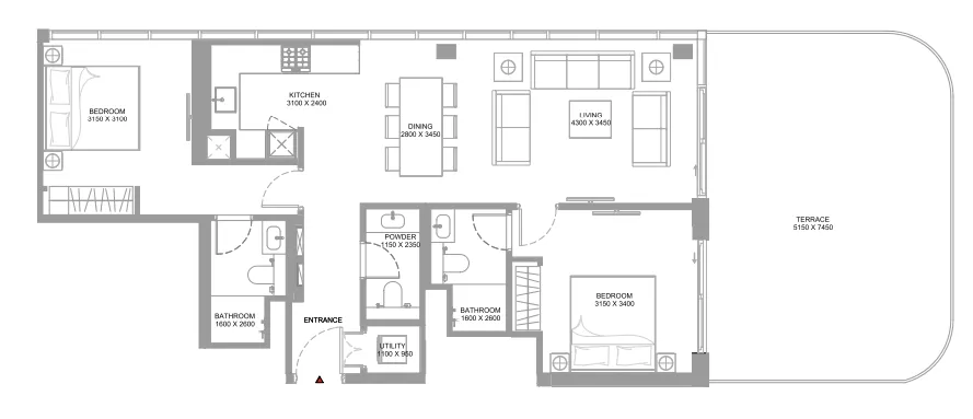 Pearlside Marina Residences 2 bed floor plan, 1,354 – 1,355 sqft