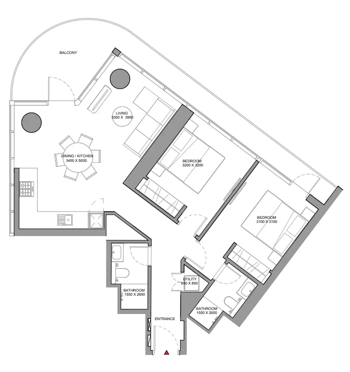 Sobha Solis 2 bed floor plan, 1,124 – 1,125 sqft