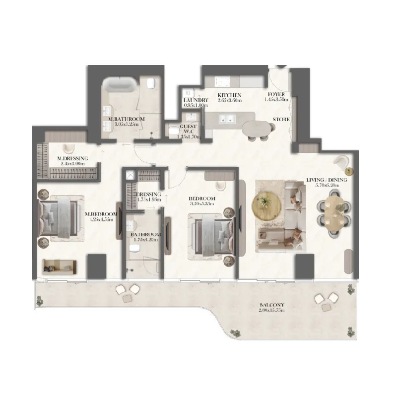 Jumeirah Residences at Al Maryah Island 2 bed floor plan, 1,796 sqft