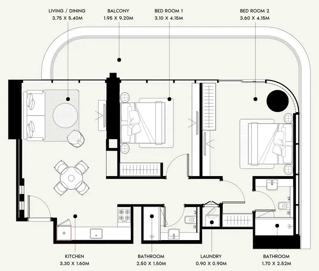 Azizi Milan 2 bed floor plan, 1,122 sqft