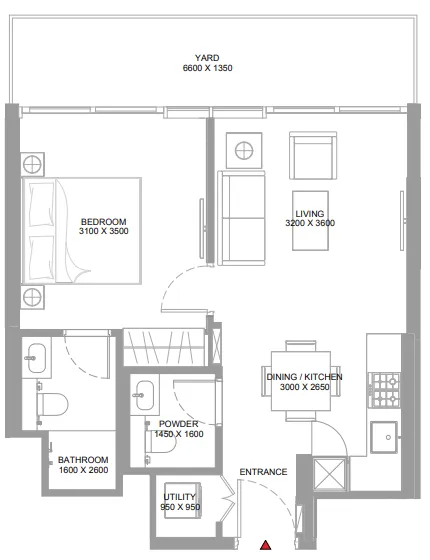 Yachtside Marina Residences 1 bed floor plan, 615 sqft