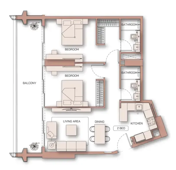 Binghatti Pinnacle 2 bed floor plan, 1,076 sqft