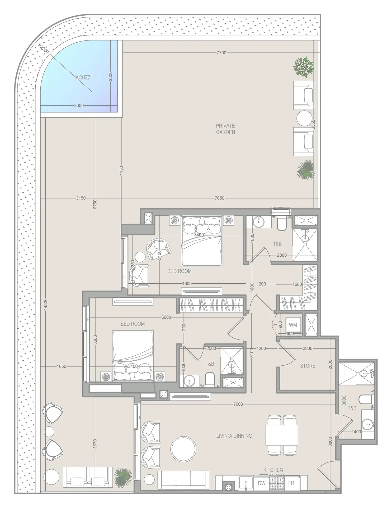 FLU1D ONE 2 bed floor plan, 2,423 sqft