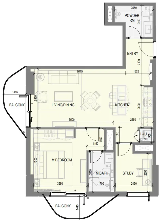 Takaya 1 bed floor plan, 954 sqft