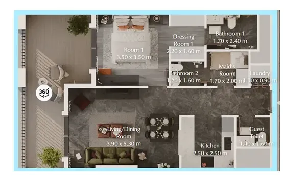 Bab Al Qasr Garden Residences 65 1 bed floor plan, 876 sqft