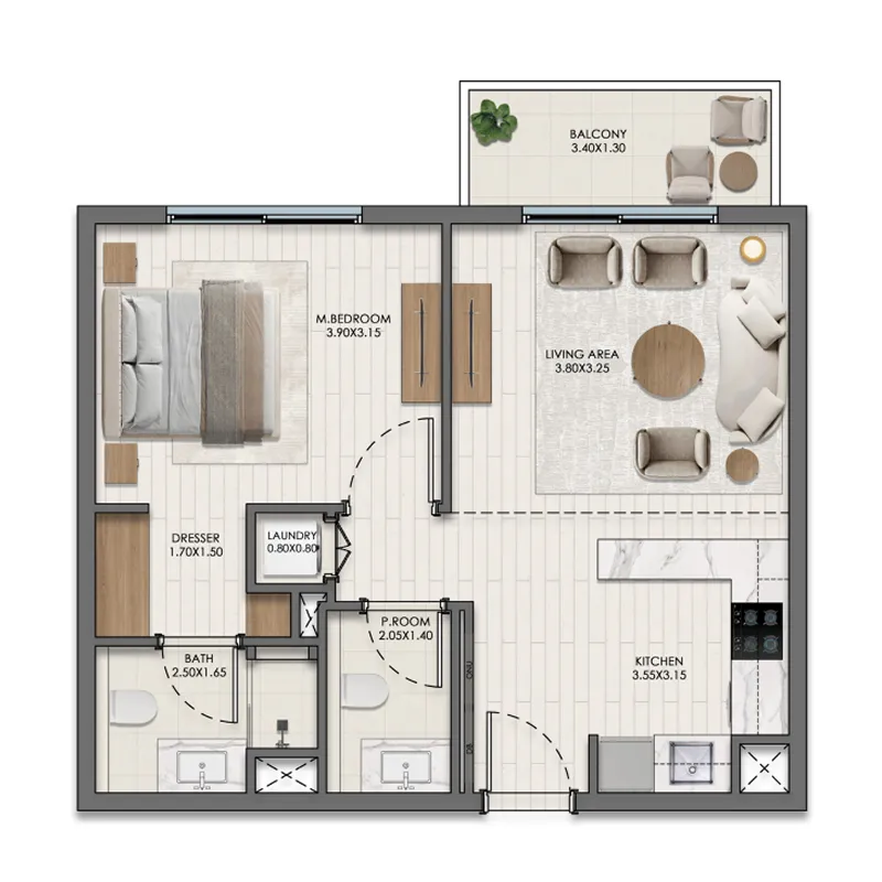 Evelyn on the Park 1 bed floor plan, 776 sqft