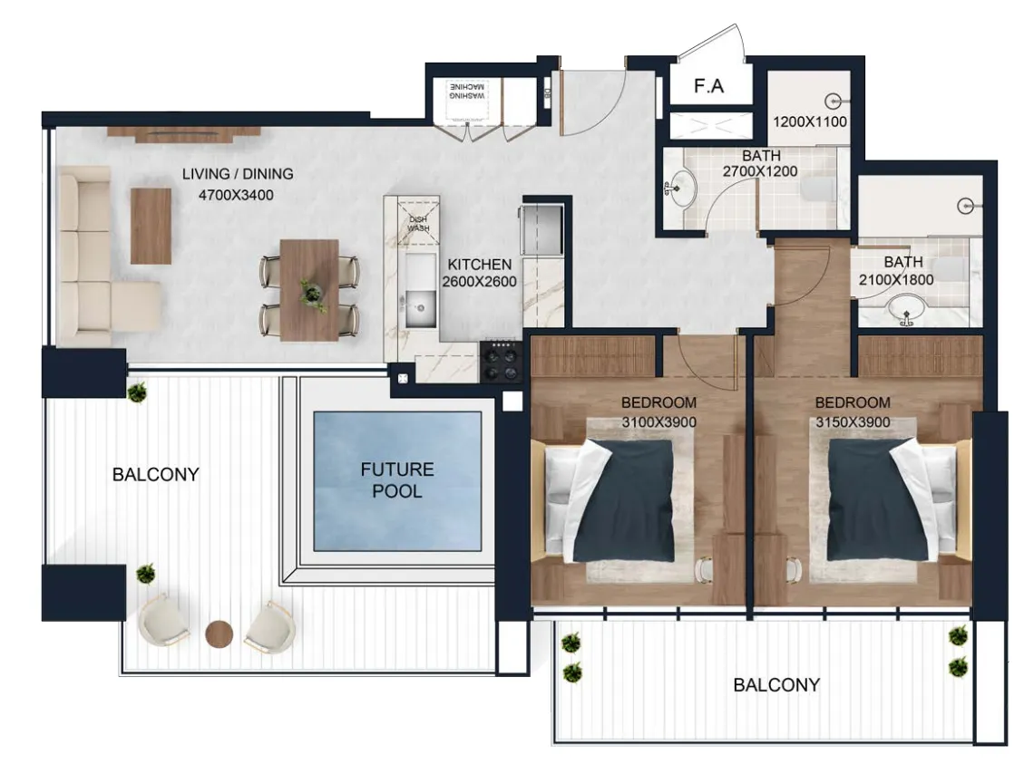 Alfal Residence 2 bed floor plan, 1,206 sqft