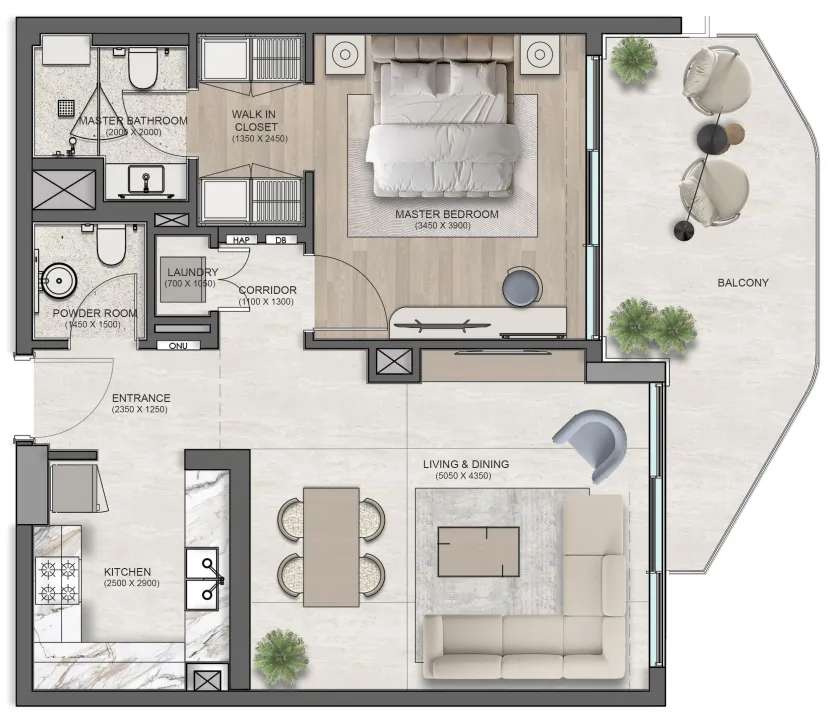 Flora Isle Beachfront Residences 1 bed floor plan, 1,166 sqft