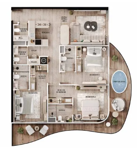 Agua Residences 3 bed floor plan, 1,433 sqft