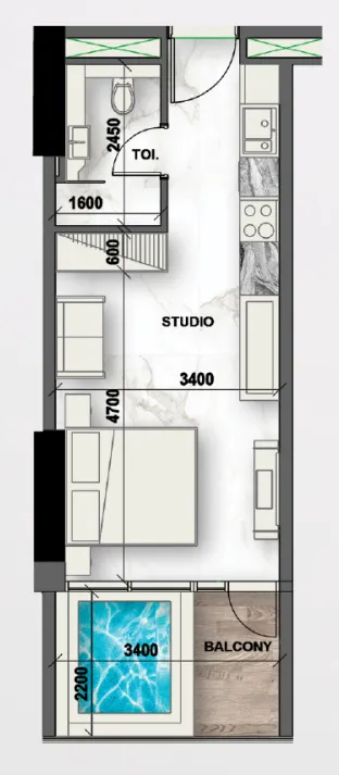 Peace Lagoons 2 Studio floor plan, 373 – 413 sqft