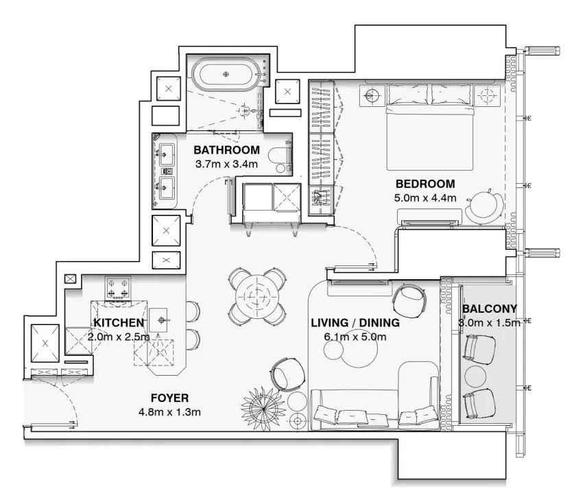 Burj Azizi 1 bed floor plan, 907 sqft