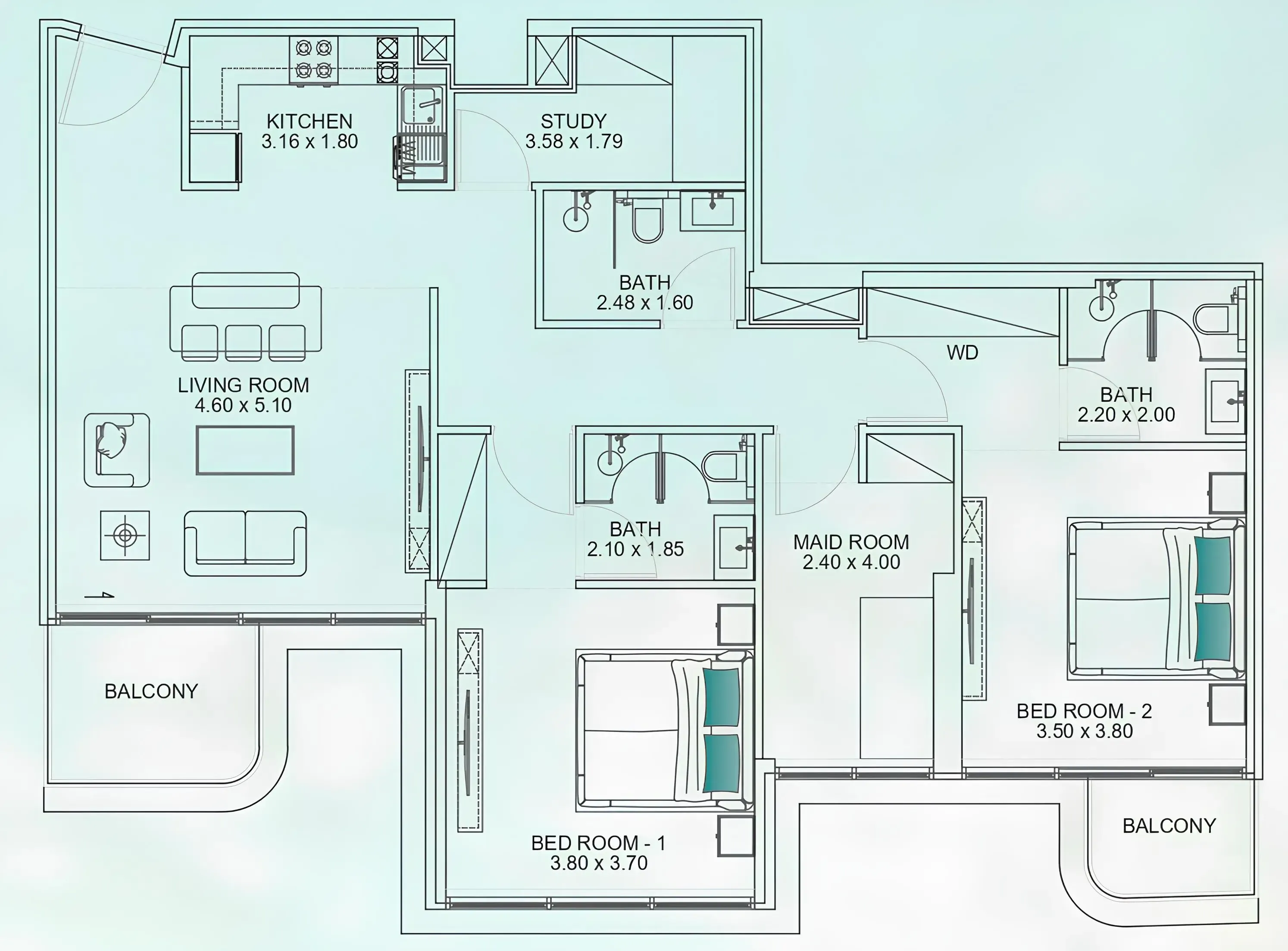 Floarea Breeze 2 bed floor plan, 1,316 sqft