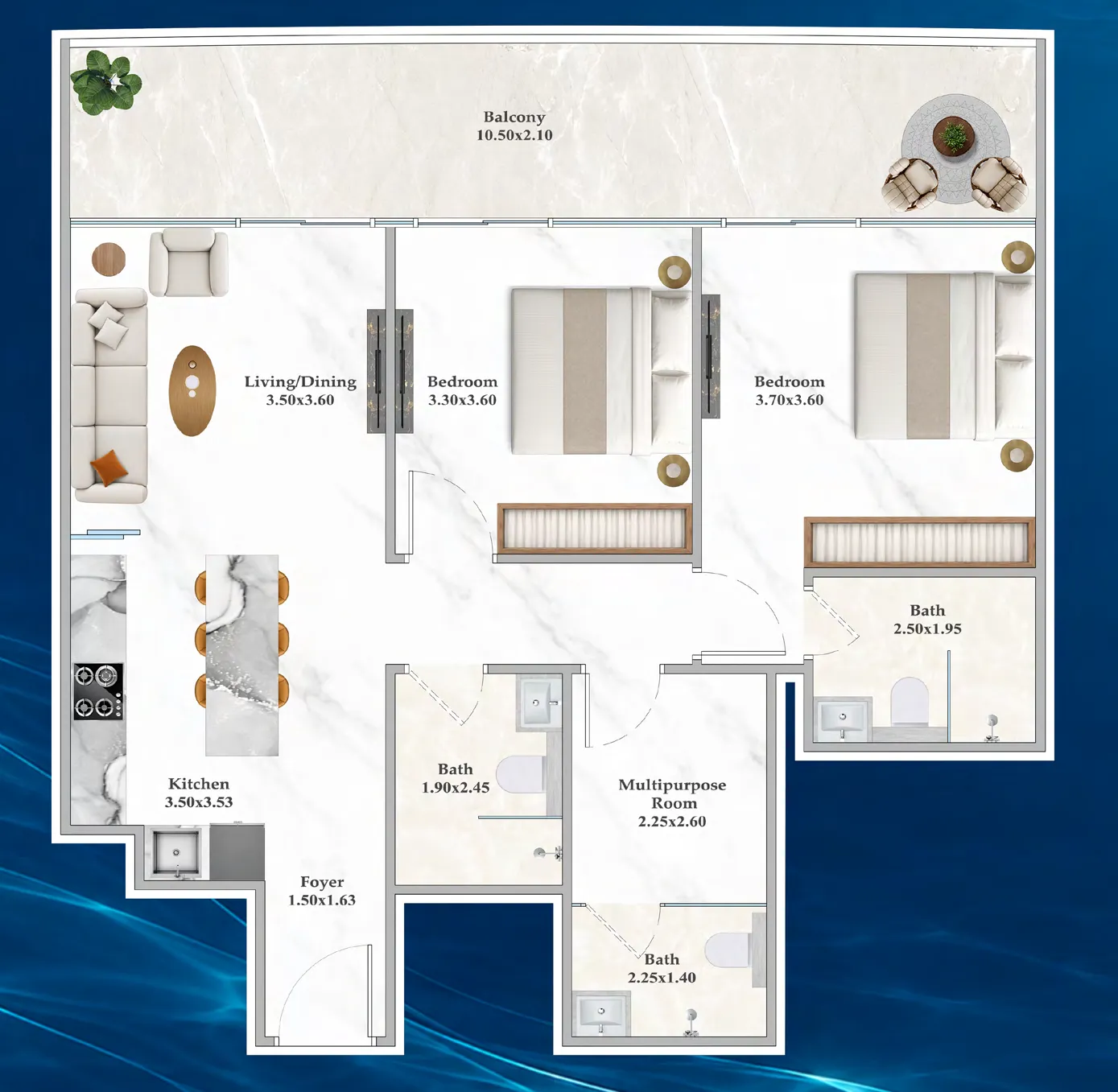 Shahrukhz Residences by Danube 2 bed floor plan, 1,051 sqft