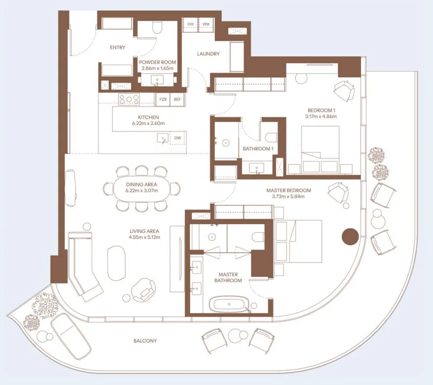 Dubai Harbour Residence 2 bed floor plan, 2,204 sqft