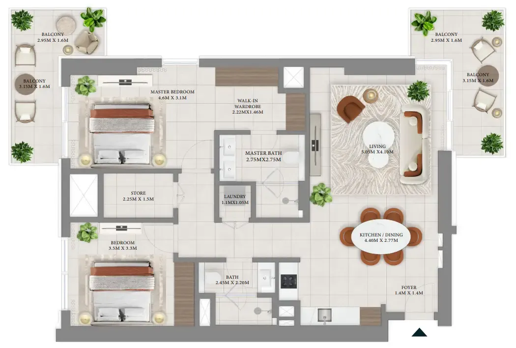 Vida Residences Hillside 2 bed floor plan, 1,328 sqft