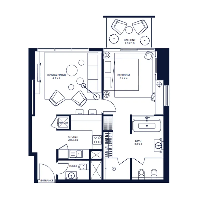 The Atria 1 bed floor plan, 795 sqft