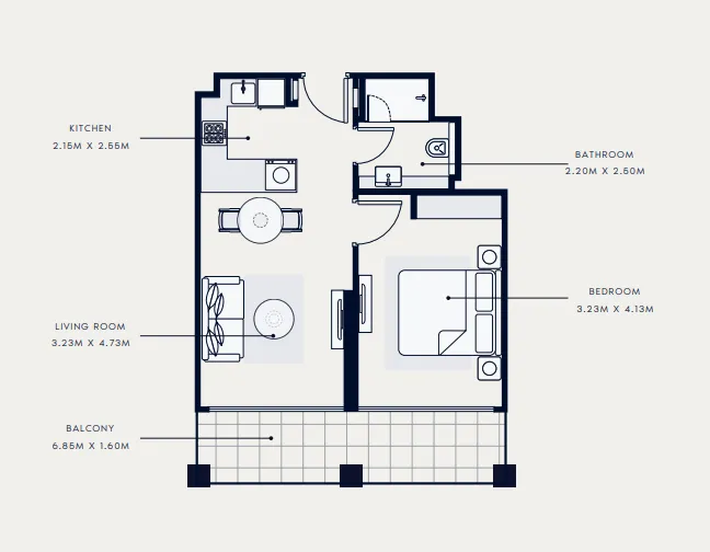 Riviera 65 1 bed floor plan, 645 sqft