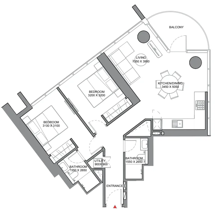 Sobha Orbis 2 bed floor plan, 990 sqft