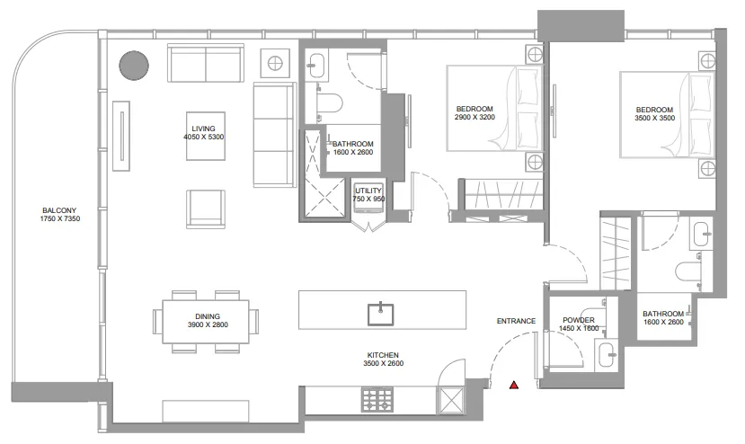 Pristine Beach Residences 2 bed floor plan, 1,211 – 1,214 sqft
