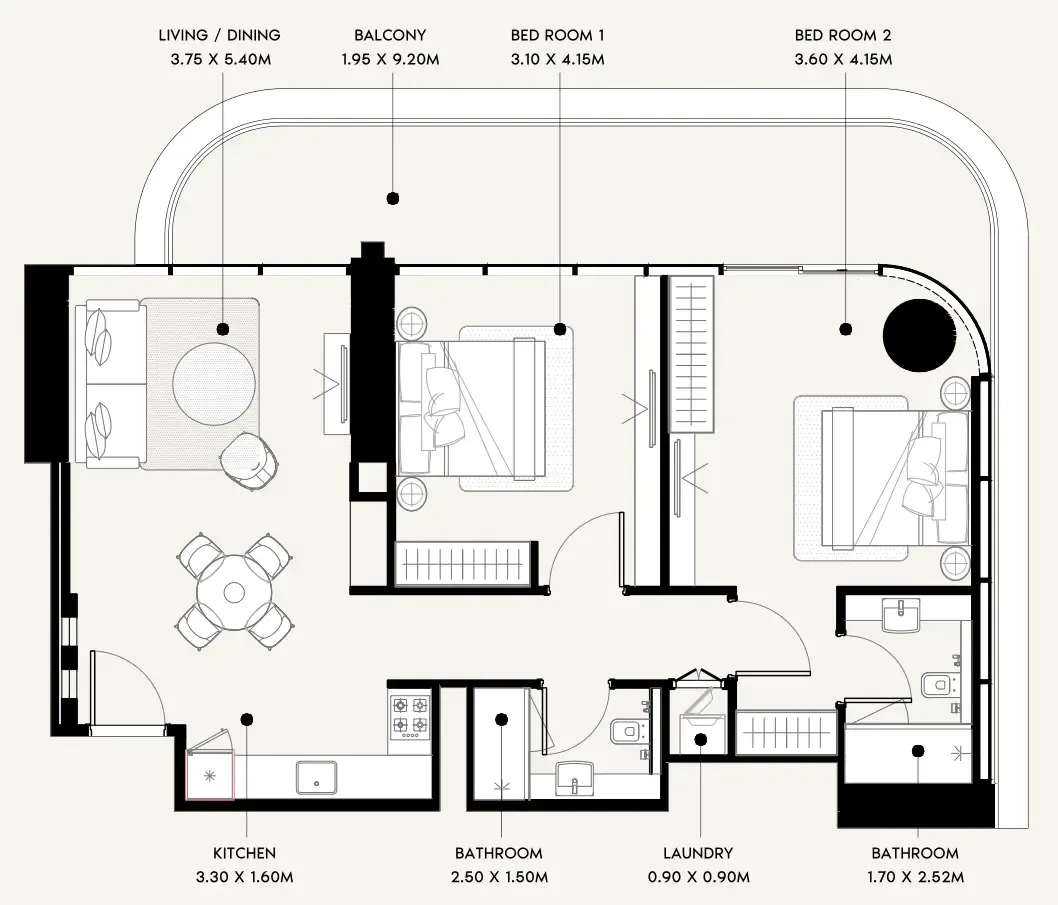 Azizi Milan 2 bed floor plan, 1,122 sqft