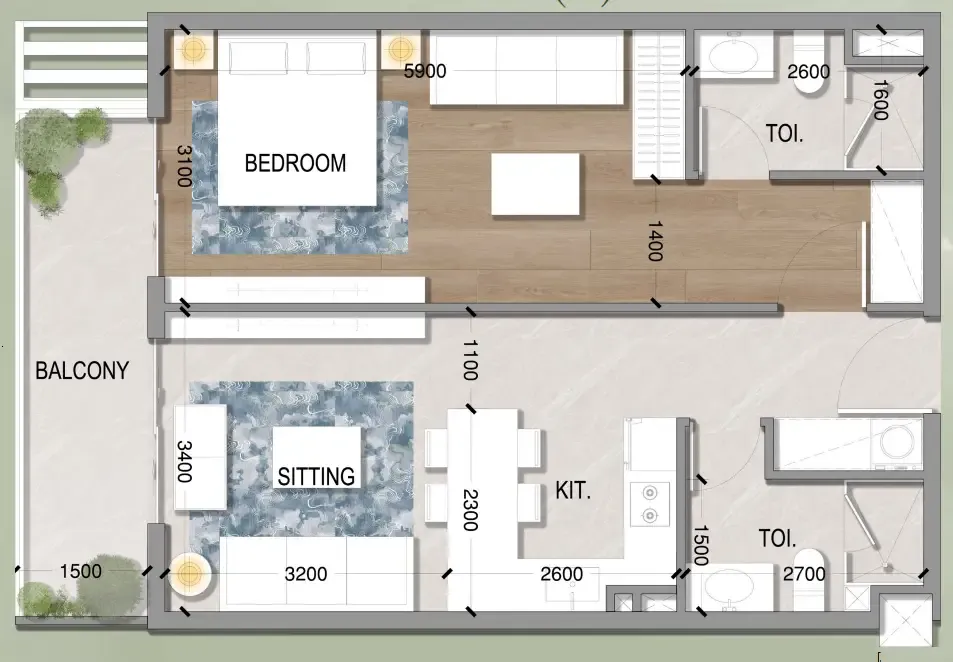 Oasis Residences 1 bed floor plan, 728 – 855 sqft