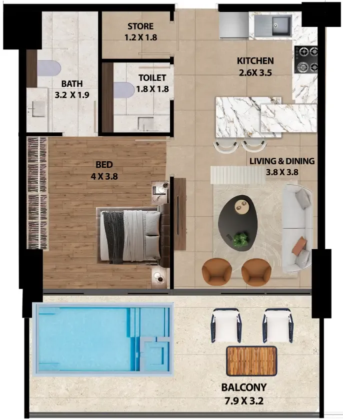 Marquis One 1 bed floor plan, 903 sqft